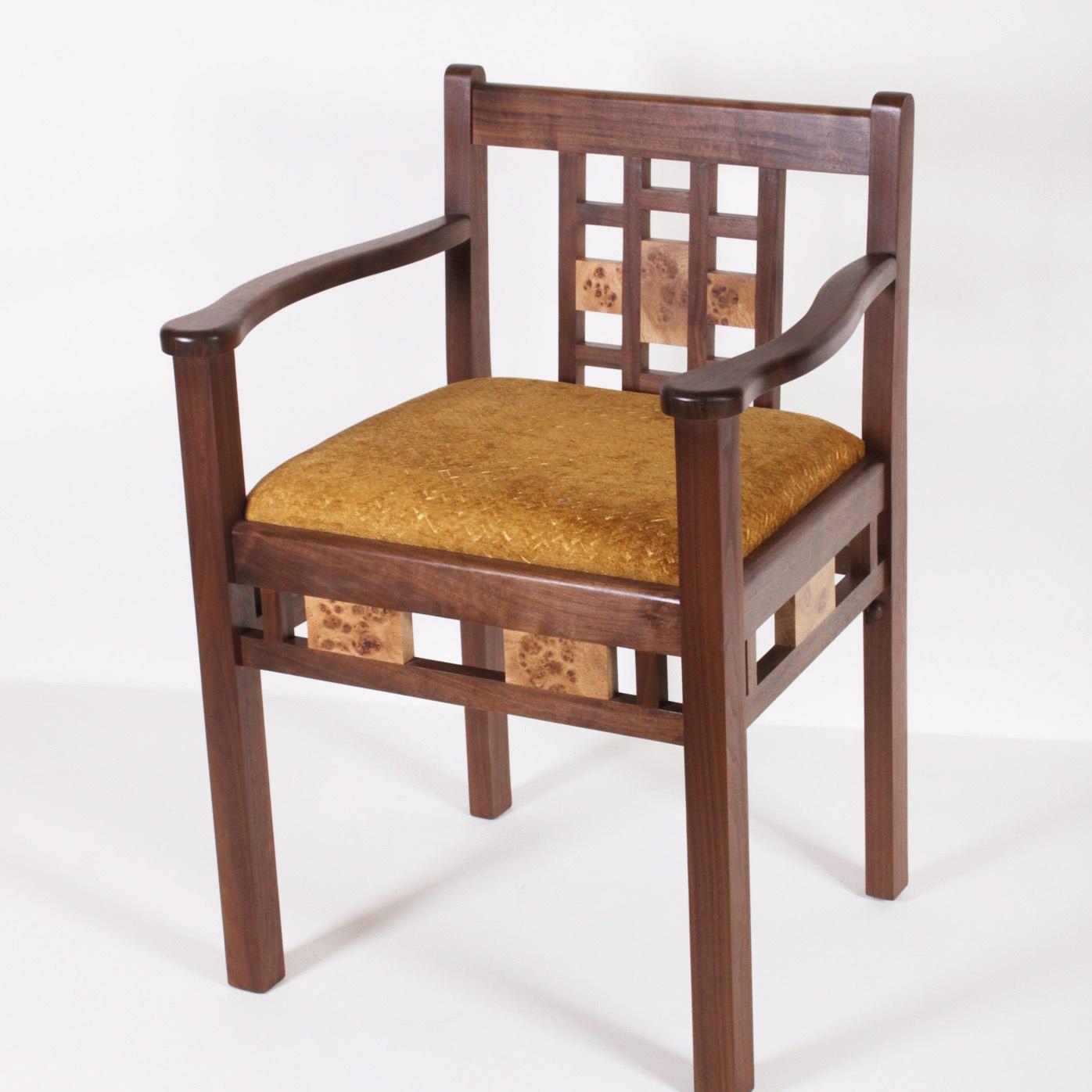 Hall chair walnut with pippy oak designed and made by Timothy Hawkins